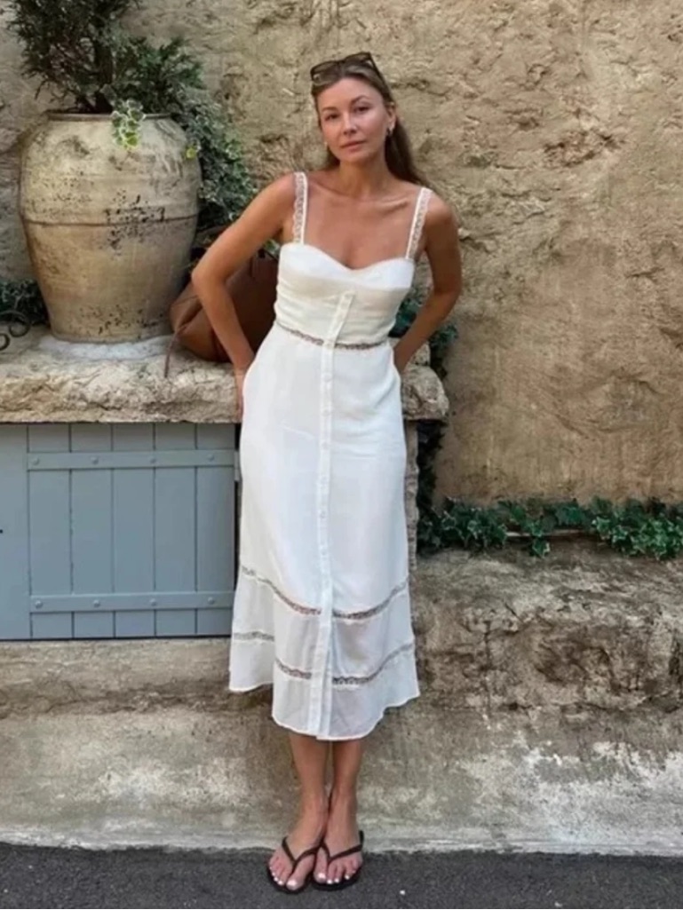 Reformation Wynton White Lace-Trim Button-Front Maxi Dress